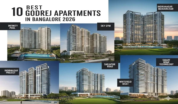 Map of Bangalore highlighting the location of 10 best Godrej Properties apartment projects across North, East, South, and West Bangalore.